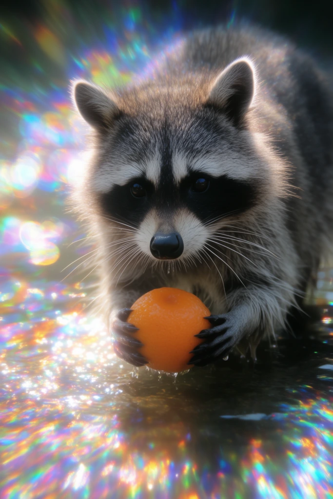 raccoon standing in shallow water holding a round orange object in its front paws, dense gray fur, black eye mask, long white whiskers, extreme iridescent rainbow bokeh reflecting on sparkling water, intense chromatic aberration, ethereal glowing lighting, shallow depth of field