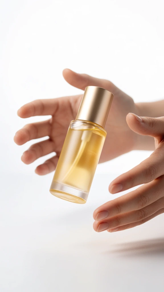 product photography of "v-tensor c: int(cpu0int.todo) numerals rendered in the style of mimeroz" a bottle of golden serum floating in the air, surrounded by hands reaching out from behind. the background is white with soft lighting highlighting the product's texture. shot on a canon eos r5 mirrorless camera using a macro lens for sharp focus on the product.