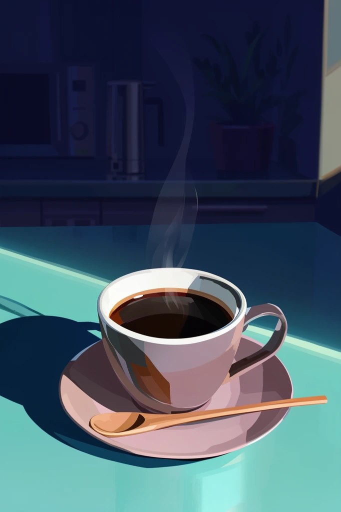 A stylized 2D illustration of a steaming cup of dark coffee resting on a bright teal table, illuminated by a stark, diagonal shaft of sunlight. The white-rimmed cup sits on a pale mauve saucer with a slender wooden spoon resting on the edge. Thin, translucent ribbons of steam rise gently from the dark liquid. The scene features high-contrast, cel-shaded lighting, casting a sharp, elongated shadow to the left. The background is shrouded in deep indigo and navy shadow, subtly revealing the muted silhouettes of a kitchen counter, a tall appliance, and a potted plant. Crisp, hard-edged shadows and flat color blocks create a serene atmosphere in a precise digital painting style.