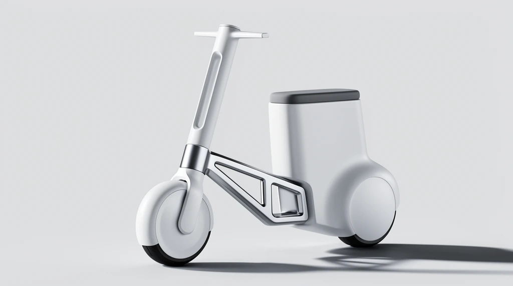 A minimalist electric mobility vehicle in matte white and silver against a seamless light gray studio backdrop. The design features a thick vertical steering column with an elongated cutout and flat, T-shaped handlebars. A metallic silver angular frame with triangular cutouts links the single front wheel to a large, box-like rear body topped with a flat dark gray seat pad. The rear section includes bulbous, fully enclosed wheel fairings. Soft, directional studio lighting casts a distinct shadow to the right, highlighting the pristine 3D product render aesthetic.