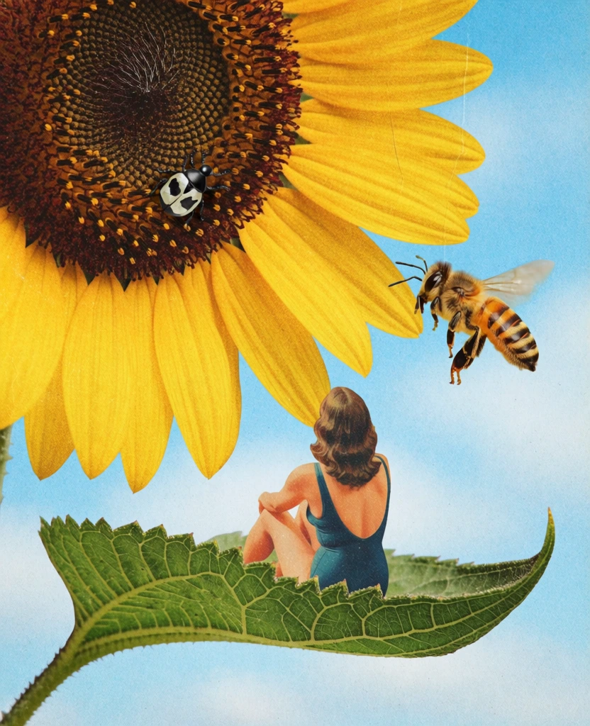 A shrunken woman in a dark swimsuit reclines on a massive green sunflower leaf, gazing up at a honeybee in flight beneath the towering head of a giant sunflower. The woman, with wavy brown hair and her back to the viewer, sits comfortably on the serrated edge of a large, textured leaf that shows visible veins and a light dusting of pollen. Above her, a colossal sunflower head dominates the upper-left quadrant, featuring a dense, patterned center of golden seeds and long, bright yellow petals that curl and stretch across the frame. A small black and white beetle rests on a petal near the top, while another tiny insect is perched on the leaf beside the woman. To the right, a honeybee with amber and black stripes is suspended in mid-air against a backdrop of a bright blue sky and soft white clouds. This surrealist digital collage is characterized by a vintage aesthetic with heavy film grain and a saturated color palette of golden yellow, deep green, and azure blue. The lighting is bright and direct, casting soft shadows and highlighting the intricate textures of the plant and the woman's skin, while the close-up perspective emphasizes the fantastical scale of the scene.