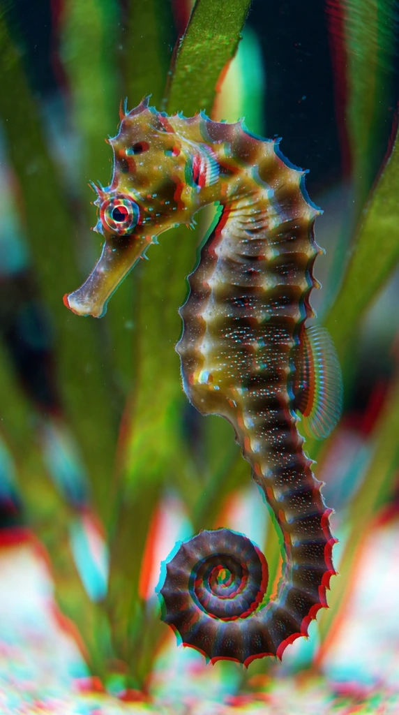 seahorse in profile facing left, curled tail, heavy 3D anaglyph stereoscopic effect, vivid red and cyan chromatic aberration, blurred underwater plants, macro photography, glitch aesthetic