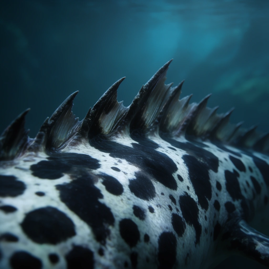 A close-up view of the dorsal ridge of a massive aquatic creature swimming through deep murky water. Thick skin is heavily patterned with striking white and large irregular black spots. A prominent row of sharp jagged dorsal fins runs along the spine, angling backward with ribbed textures and semi-translucent dark edges. Cinematic diffused lighting casts a cool cyan and deep blue color palette across the scene. A shallow depth of field sharply focuses on the central fins while blurring the vast atmospheric underwater background into smooth gradients.