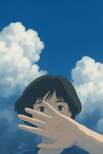 Nostalgic Anime Cloudscapes style reference image — saturated cobalt blue sky