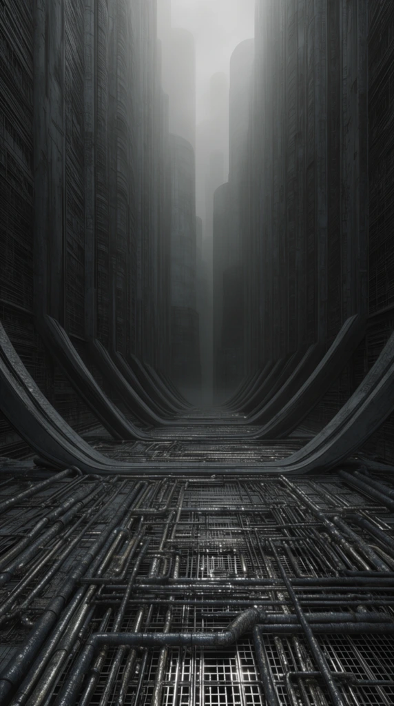 A cavernous industrial corridor stretches into a foggy abyss, flanked by ribbed metallic walls. The floor features a complex grid of interwoven pipes and glistening grating. Symmetrical curved support beams sweep downward from towering vertical structures, forcing a deep tunnel-like perspective. Deep charcoal and steely grays dominate the monochromatic palette. Pale, diffused light from the distant hazy background silhouettes towering cylindrical forms. The scene features intricate brutalist textures and moody atmospheric lighting.