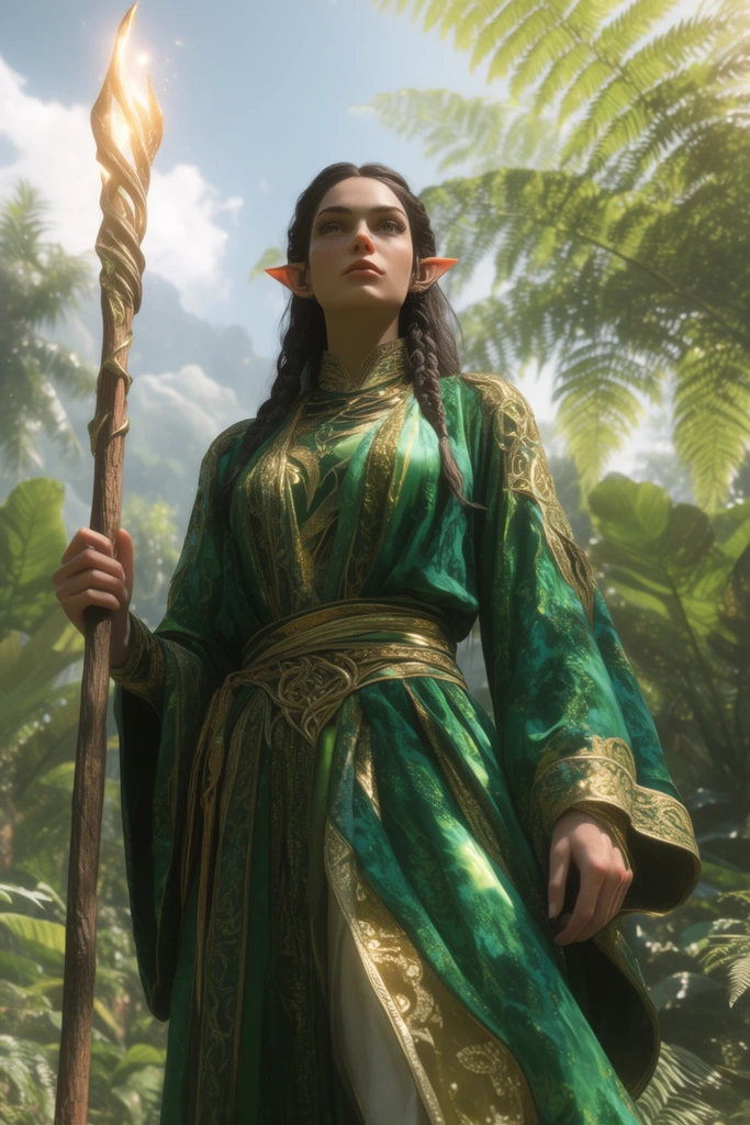 slender elven ranger standing proudly, long dark braided hair, pointed ears, vibrant emerald green and gold silk robes, holding a tall glowing wooden staff, low angle shot looking up, bright sunny day, lush tropical jungle background, giant fern leaves, cinematic lighting, high fantasy aesthetic, highly detailed rendering
