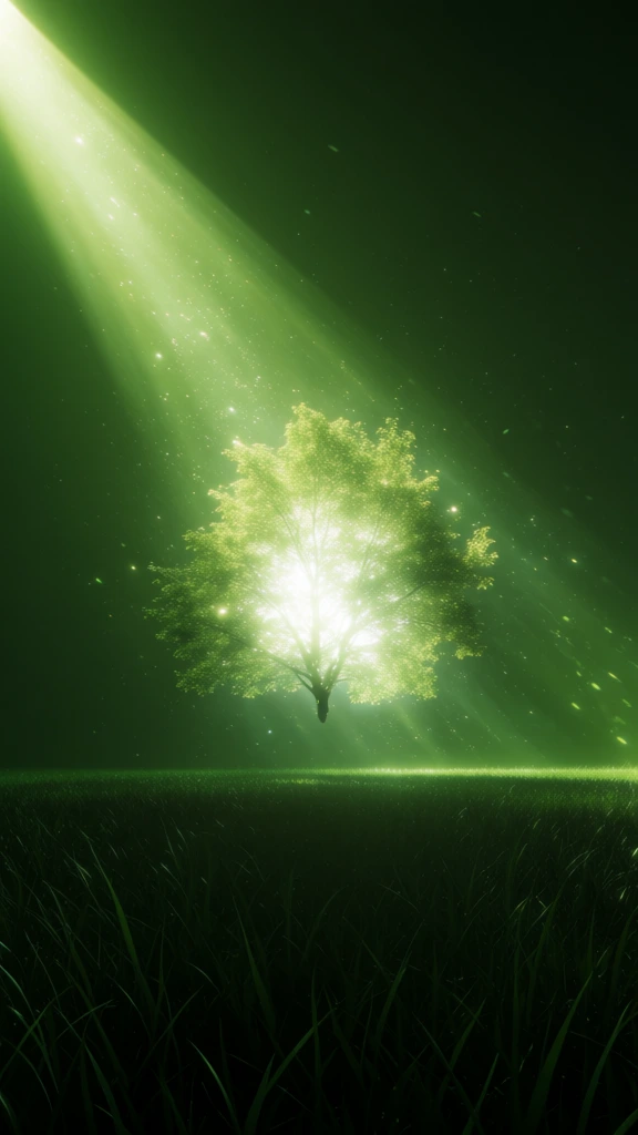 a solitary deciduous tree glowing with brilliant white internal light, centered in a minimalist composition, floating slightly above a flat landscape of dark grass blades, a powerful diagonal beam of lime green light descending from the upper left corner, air filled with shimmering ethereal particles and floating dust motes, deep emerald to lime green monochromatic palette, hazy dreamlike atmosphere, high contrast, surreal digital art aesthetic, soft focus, grainy celestial texture.
