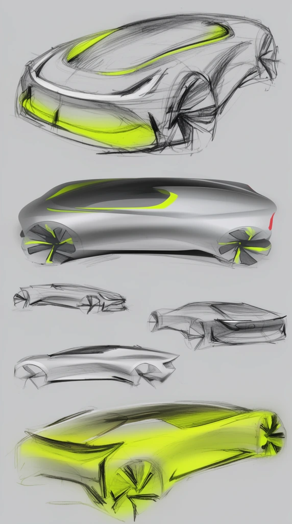 multiple automotive concept design sketches, futuristic car with neon green-yellow accents, loose expressive pencil lines, smooth digital shading, grey background