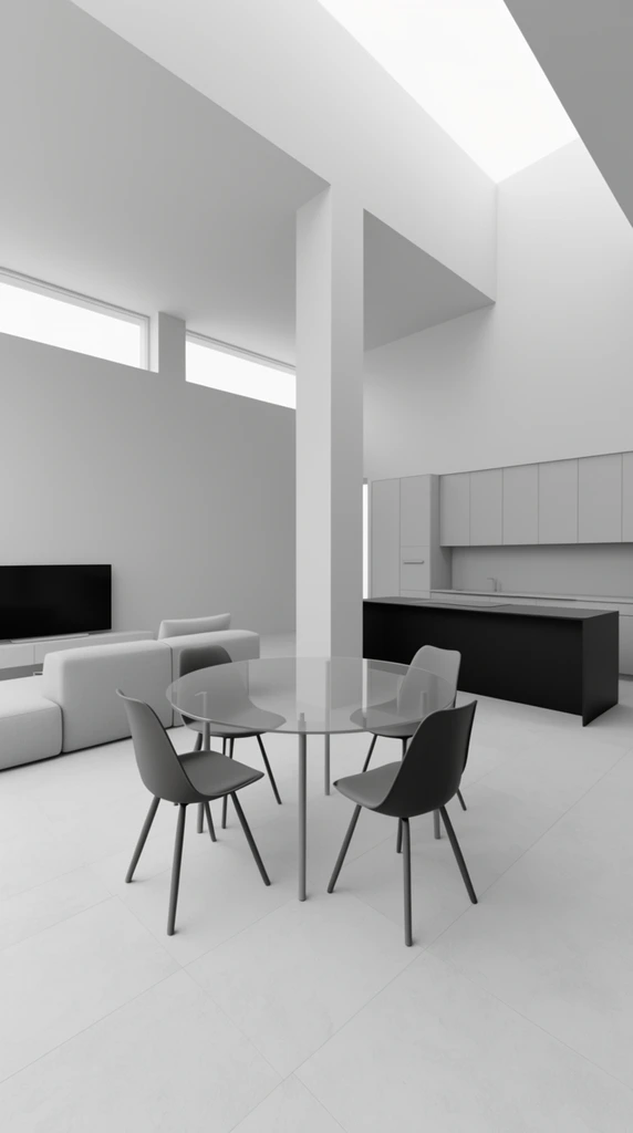 A monochromatic 3D architectural clay render of a minimalist open-plan interior. A round glass dining table surrounded by four dark gray molded chairs sits on a pale tiled floor in the center. To the left, a low light gray modular sofa faces a black television, while a sleek black kitchen island and flat gray cabinets occupy the right. The stark white room features a thick central square column, horizontal clerestory windows, and a double-height ceiling with a skylight opening, illuminated by soft, diffuse lighting across the sterile, textureless geometric surfaces.