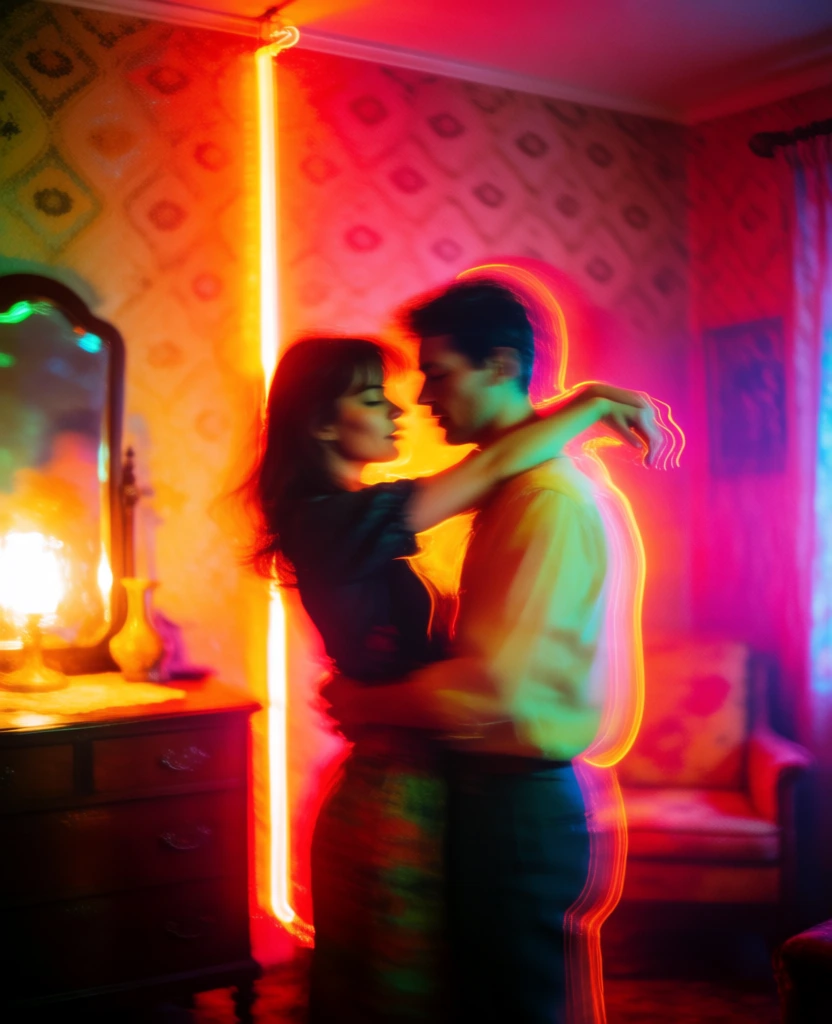 embracing couple in neon-lit room, surreal motion blur photography, moody dreamlike retro vibe