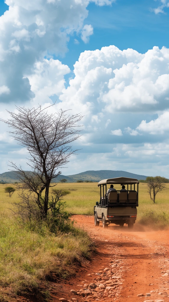 An open-air safari vehicle drives away down a rugged reddish dirt road, kicking up dust through a golden-green savanna. Two figures sit beneath the canopy roof. A prominent bare thorny tree and sparse scrub anchor the foreground. In the distance, low rounded hills stretch across the horizon under an expansive blue sky filled with massive, billowing white cumulus clouds. Captured with wide-angle landscape photography, deep depth of field, and vibrant natural daylight.