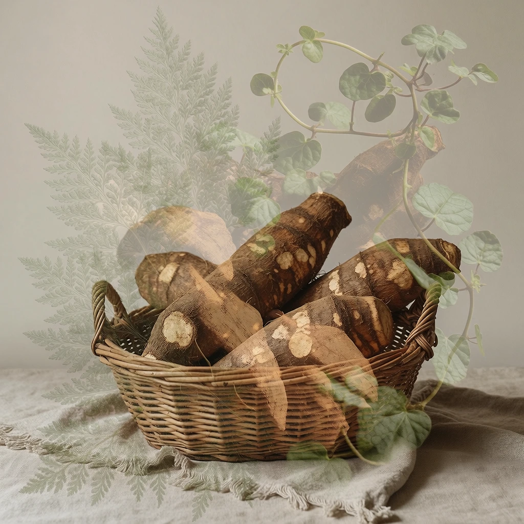 surrealist lo-fi digital collage of a rustic woven wicker basket overflowing with earthy root vegetables centered on a fringed linen textile, plain desaturated backdrop, pervasive monochromatic film grain, soft-focus dreamlike atmosphere, muted pastel palette of dusty cream and sepia, flat diffused lighting, nostalgic cottagecore aesthetic, textured paper overlays, high-noise vintage film finish, ethereal and slightly blurred rendering, flattened depth of field.