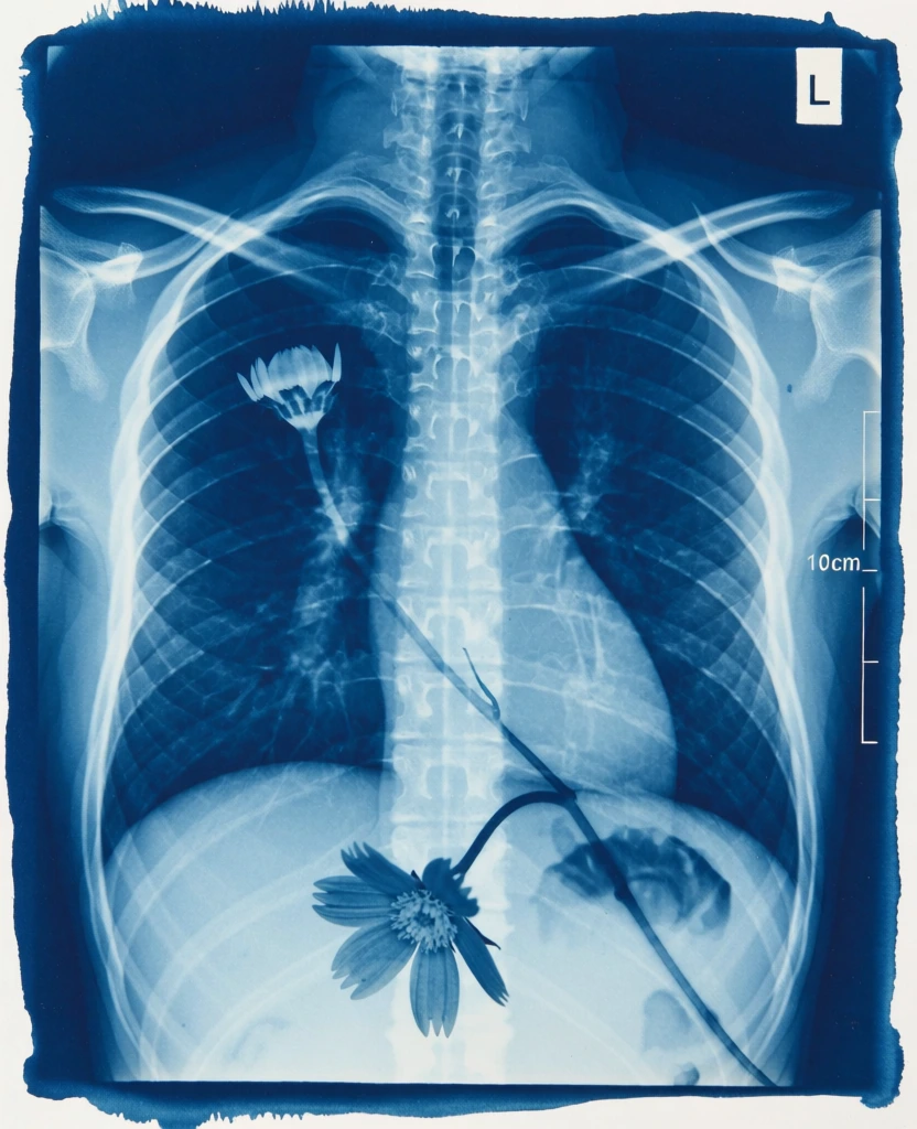 This cyanotype print displays a human chest X-ray overlaid with botanical elements, all rendered in varying shades of Prussian blue and white. The central skeletal structure includes the spinal column, rib cage, and clavicles, which appear as luminous, pale blue forms against a darker blue background. A small, closed flower bud is positioned in the upper left section of the chest cavity, while a second, larger flower with open petals is located at the bottom center of the frame, attached to a long, slender stem that extends diagonally upward across the lower vertebrae. The lungs and soft tissue areas of the torso are represented by deeper blue tones. In the upper right corner, a small white square contains the letter "L". Along the right edge, a vertical measurement scale is visible, featuring a white line and the text "10cm" printed in a small, white, sans-serif font. The image is characterized by the characteristic monochromatic blue palette of the cyanotype process, with the composition framed by uneven, hand-painted blue edges that bleed into a thin white margin. The perspective is a direct, frontal medical view, creating a layered effect between the anatomical and the natural subjects.