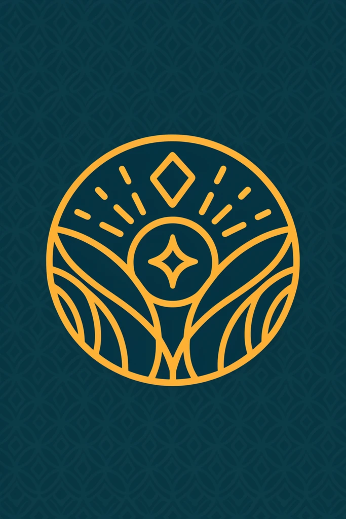 A symmetrical golden-yellow line-art emblem centered on a dark teal background with a subtle, repeating interlocking geometric pattern. The flat vector motif features a thick outer circle enclosing stylized leaf-like arches, a central orb containing a four-pointed star, an upper diamond shape, and radiating sunburst dashes. The crisp, minimalist design utilizes uniform stroke weights to create an elegant, mystical aesthetic.