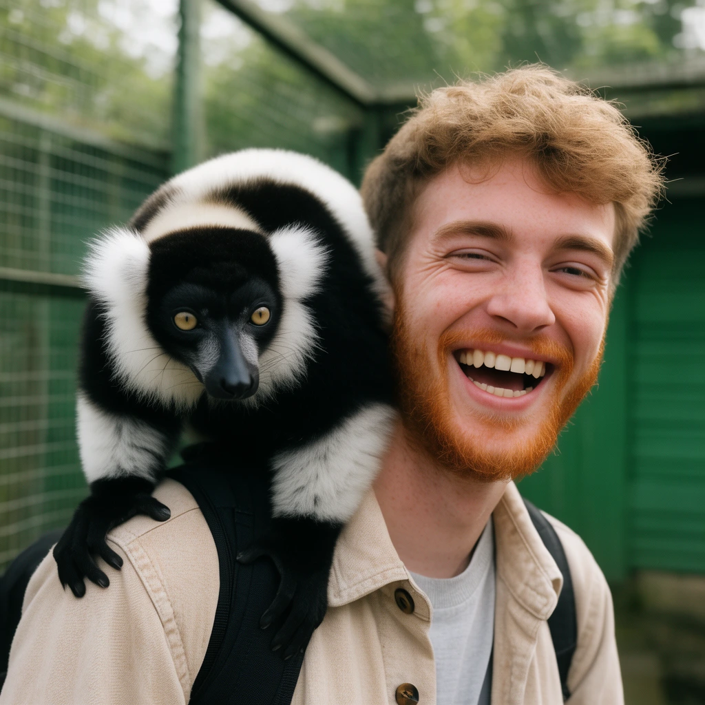 laughing young man with reddish beard, black and white ruffed lemur perched on his shoulder, beige overshirt, black backpack straps, blurred green wall, outdoor wire enclosure, candid daylight portrait, shallow depth of field