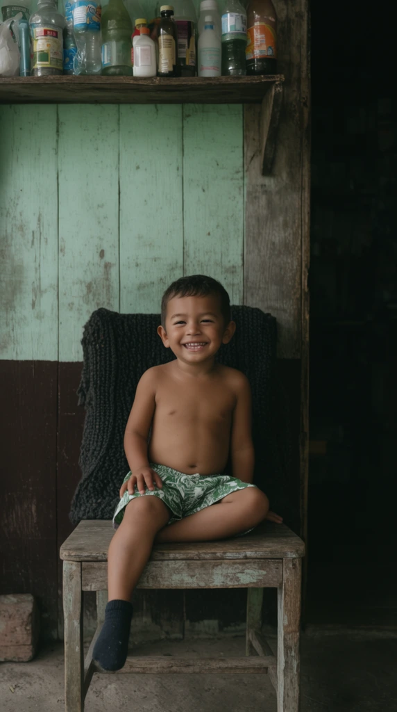 smiling shirtless young boy sitting on a weathered wooden chair, wearing green and white patterned shorts and a single dark sock, candid documentary photography, faded mint green and dark brown wooden plank wall, overhead shelf packed with assorted household plastic bottles, dark knitted blanket on chair back, open doorway revealing a deeply shadowed interior, soft diffused natural light, moody shadows