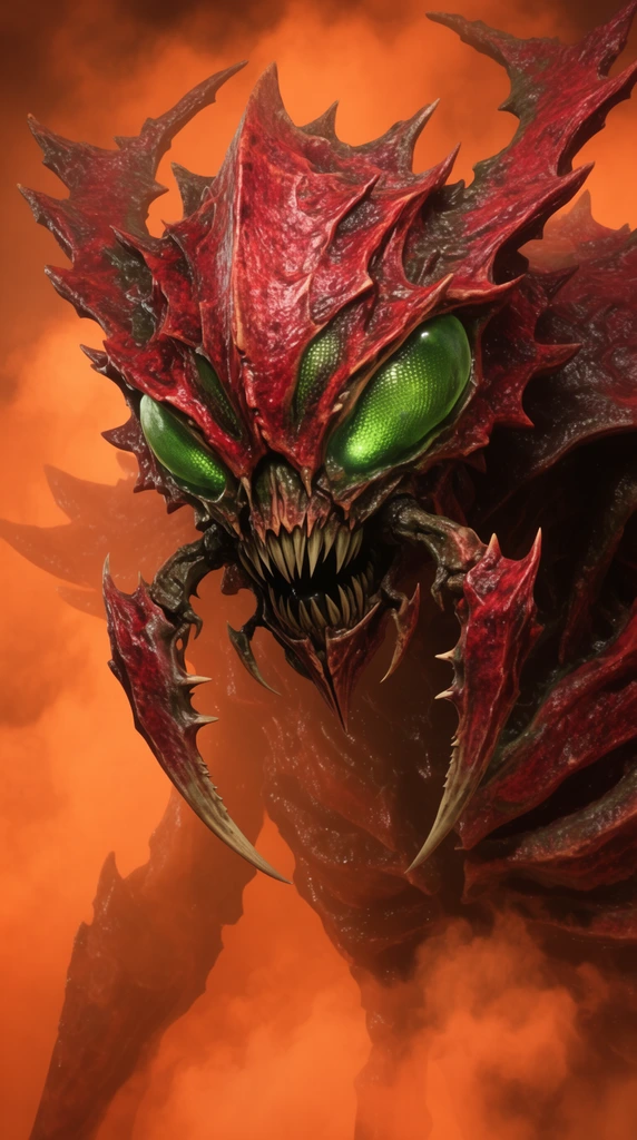Massive insectoid monster, jagged crimson chitin armor, glowing green compound eyes, sharp mandibles, thick orange smoke environment, hyper-realistic render