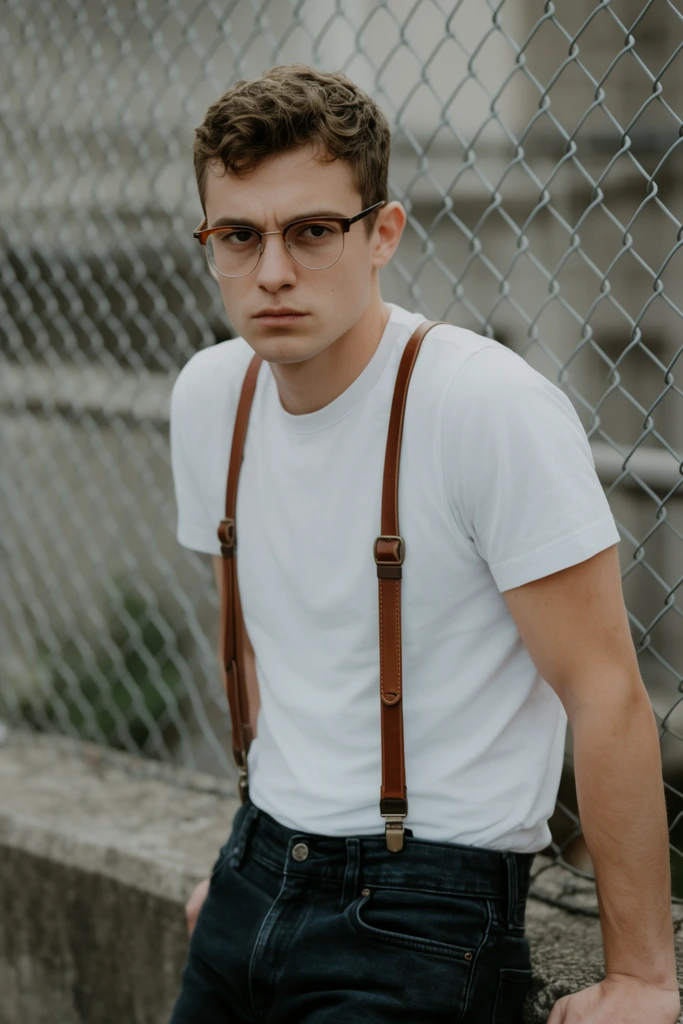 young man leaning on concrete ledge, plain white t-shirt, dark jeans, loose brown leather suspenders, browline glasses, short wavy hair, serious expression, blurred chain-link fence, urban background, shallow depth of field, muted natural lighting