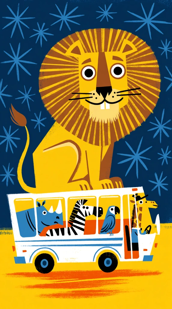 A mid-century modern illustration features a giant stylized yellow lion sitting atop a white passenger bus filled with animals. The whimsical lion displays a voluminous rounded mane, wide saucer eyes, and a smiling mouth with two front teeth. The angular white bus beneath it reveals passengers through square windows, including a blue rhinoceros, a zebra, and a blue parrot, while a giraffe in a driver cap steers from the front. The background splits into a deep navy blue upper half patterned with light blue abstract starbursts and a vibrant yellow lower ground with horizontal orange streaks. The artwork utilizes flat colors, bold graphic shapes, and a vintage silkscreen printing texture.