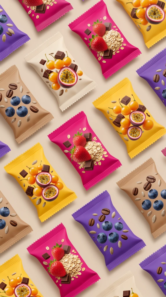 A precise diagonal grid of brightly colored rectangular snack wrappers with crimped edges arranged on a solid light beige surface. The matte packaging appears in vibrant hues of magenta, yellow, tan, and purple, each adorned with dynamic clusters of photorealistic floating ingredients. Magenta wrappers showcase ripe strawberries, golden berries, rolled oats, and chocolate chunks. Yellow wrappers display halved passion fruit alongside golden berries and chocolate. The tan and purple variations feature scattered blueberries, roasted coffee beans, and sunflower seeds. Clean studio lighting casts uniform drop shadows to the lower right, highlighting the three-dimensional floating food elements against the flat, highly ordered presentation of the tessellated packaging array.