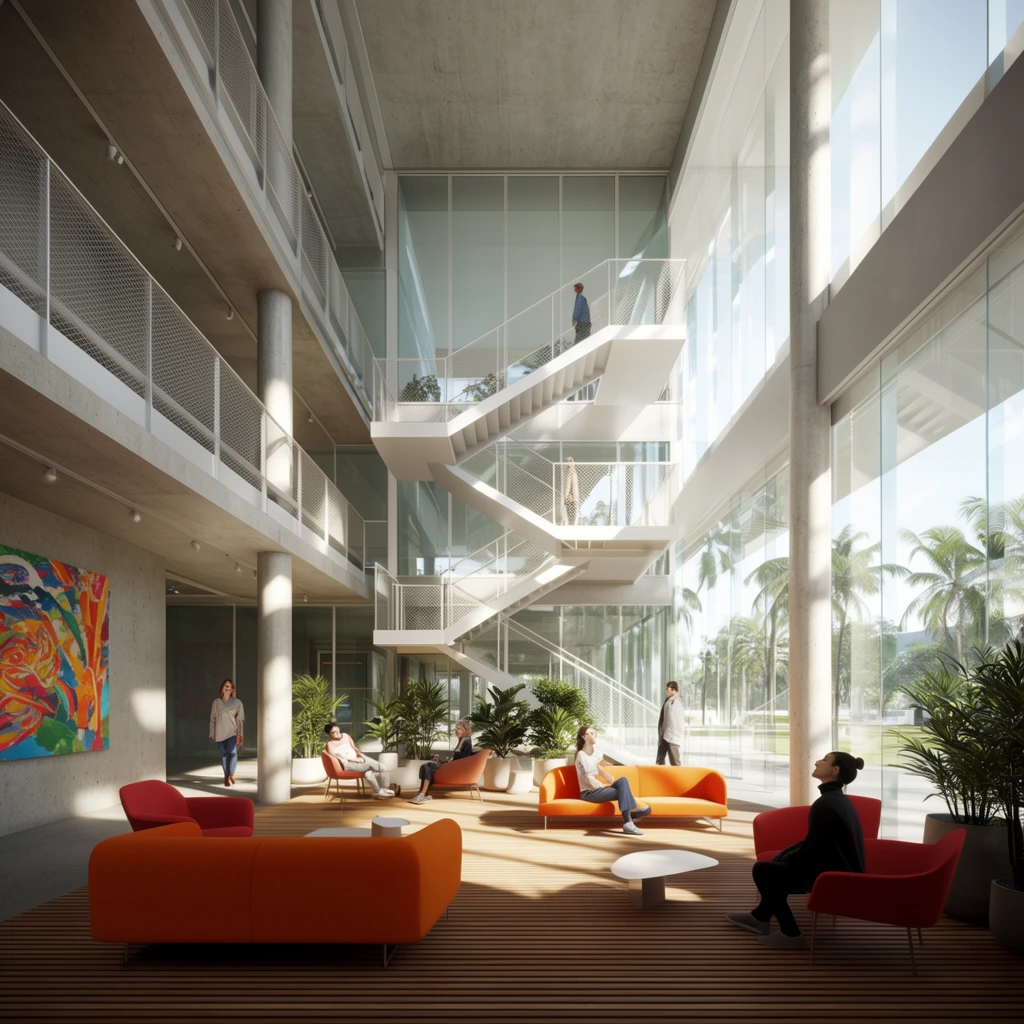 Modern multi-level architectural atrium, bright natural daylight, massive glass walls revealing outdoor palm trees, concrete columns, white metal staircase with mesh railing, slatted wooden floors, people relaxing on contemporary orange and red lounge furniture, indoor potted plants, vibrant artwork on a concrete wall, strong directional sunlight casting geometric shadows, photorealistic architectural rendering, wide-angle perspective