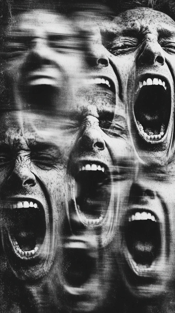 Multiple distorted screaming faces overlapping in a high-contrast black and white photographic composition. Several elongated visages are captured in sharp focus with gritty, highly detailed skin textures, while surrounding faces smear across the frame in heavy horizontal motion blur. The agape mouths, exposed teeth, and stretched facial features intersect and dissolve into one another through multiple exposure techniques. Intense chiaroscuro lighting defines the overlapping forms, creating stark, blown-out white highlights that sharply contrast with deep, solid black voids in the open mouths and recessed eye sockets. A thick, coarse film grain and rough, abrasive textural overlay heavily covers the entire monochromatic image, emulating a degraded, raw darkroom print.