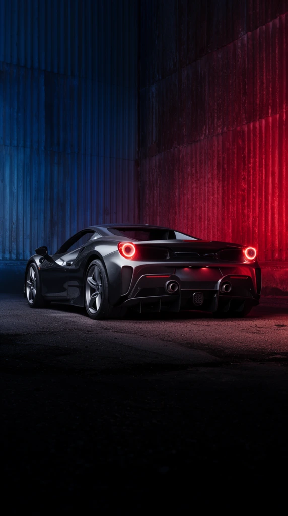 A dark metallic grey mid-engine sports car rests in a shadowed industrial environment under dramatic dual-tone lighting. Captured from a low rear three-quarter perspective, the vehicle exhibits wide aerodynamic fenders, a prominent rear diffuser, dual central exhaust pipes, and brilliantly glowing red taillights. Its glossy exterior and large five-spoke alloy wheels reflect the surrounding colors. The backdrop features heavily textured corrugated metal walls meeting a rough asphalt surface that fades into profound black shadows in the foreground. The cinematic automotive composition starkly contrasts a cold deep blue light illuminating the left side against an intense crimson glow saturating the right wall, seamlessly merging with the radiant ruby cast of the taillights.