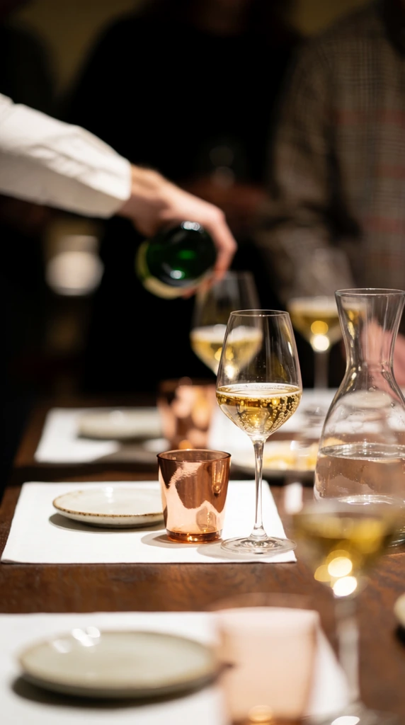 Several wine glasses sit on a dark wooden dining table alongside white placemats and small ceramic plates. Sharp focus highlights a delicate stemmed glass filled with bubbling golden liquid, positioned near a copper-toned tumbler and a clear carafe. In the heavily blurred background, an arm in a white sleeve tilts a dark green bottle to pour a beverage. The photographic composition utilizes a very shallow depth of field, transforming background figures in dark and plaid clothing into soft bokeh while emphasizing the warm, luminous reflections within the crystal glassware.