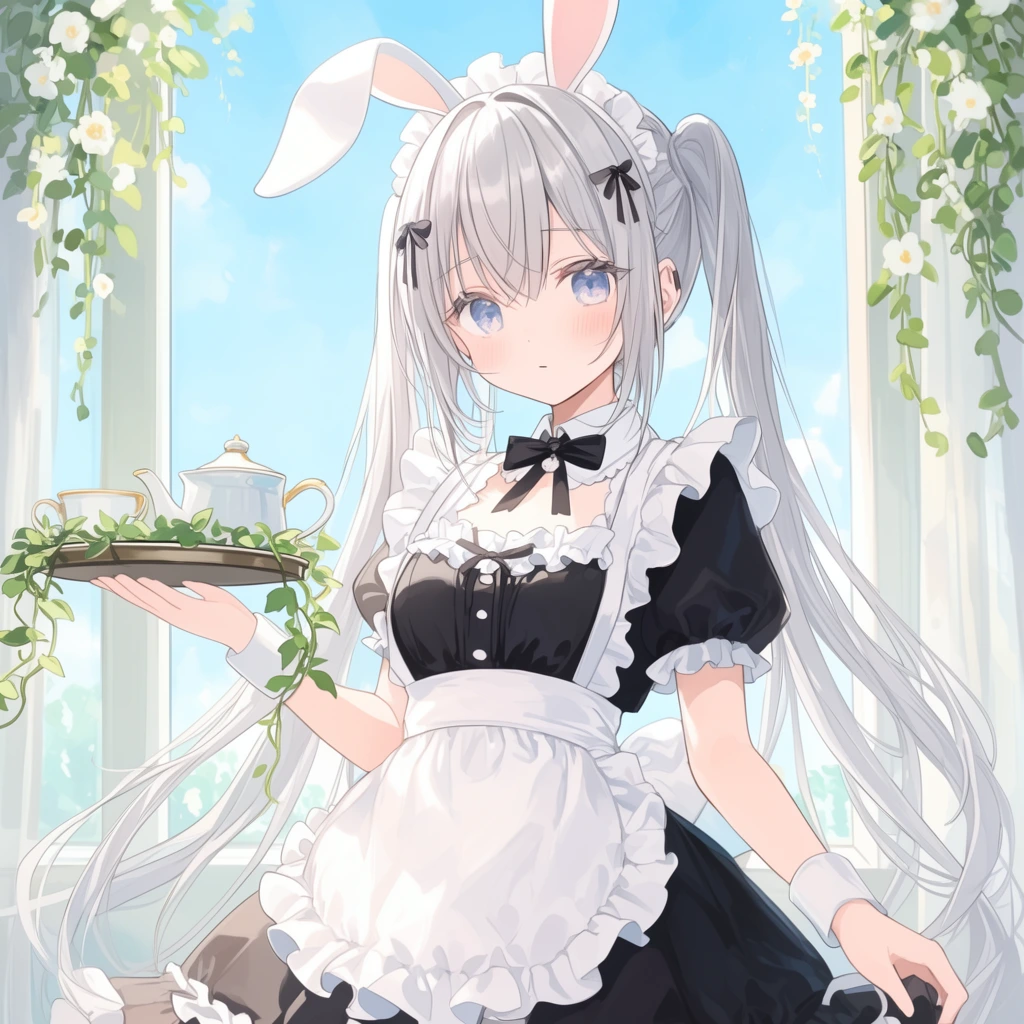 Anime girl with silver twin-tails and white bunny ears, ruffled black and white maid dress, holding a tea tray with green vines, standing near a sunny window, blue sky, trailing plants with white flowers, soft pastel anime style