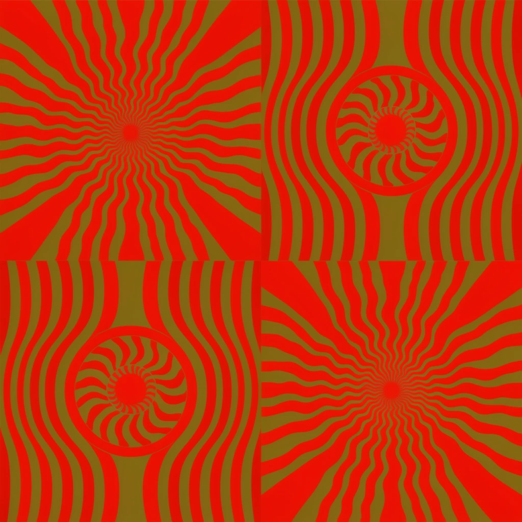 four-panel abstract graphic design, bold red and olive green palette, radiating wavy sunburst mandalas, repeating circular motifs, undulating vertical stripes, flat op-art style, psychedelic aesthetic