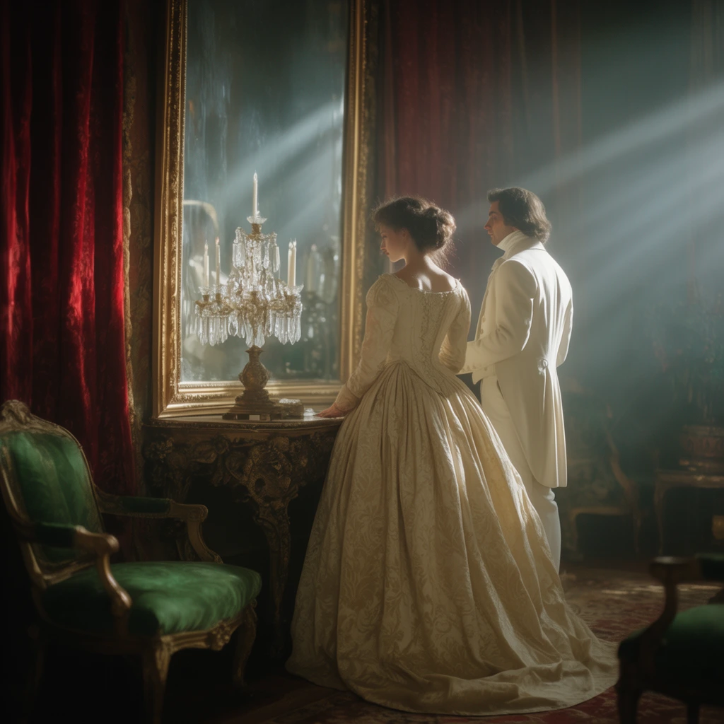 A woman in a voluminous cream damask gown and a man in a white tailcoat stand before a tall, gold-framed mirror and an intricately carved table holding an ornate crystal candelabra. Dramatic volumetric light rays angle through atmospheric haze, illuminating the couple in a lavishly decorated room. Deep shadows contrast with the illuminated figures, red velvet drapes, and green upholstered chairs in the foreground. The composition exhibits cinematic framing, soft painterly realism, and rich chiaroscuro.