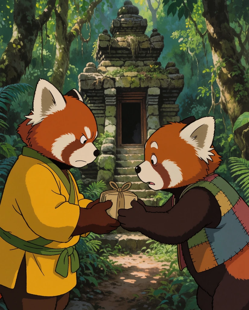 two anthropomorphic red pandas exchanging a small wrapped parcel in a lush rainforest, left red panda in a vibrant yellow tunic and green sash with a stern expression, right red panda leaning forward anxiously in a patchwork vest, holding the parcel with dark paws, rustic stone temple background, dappled sunlight, dense green ferns, hand-drawn 2D animation style, traditional cel shading, highly detailed painted background, cinematic side-view framing