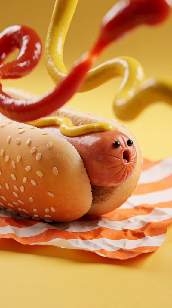 An anthropomorphic 3D-rendered hot dog inside a sesame bun rests on crinkled orange-and-white striped paper against a yellow backdrop. The glossy sausage bears a tiny face with black bead eyes and an open mouth. Out-of-focus, dynamic streams of red ketchup and yellow mustard fly through the air in the foreground. The macro composition utilizes shallow depth of field and warm studio lighting to highlight tactile food textures.