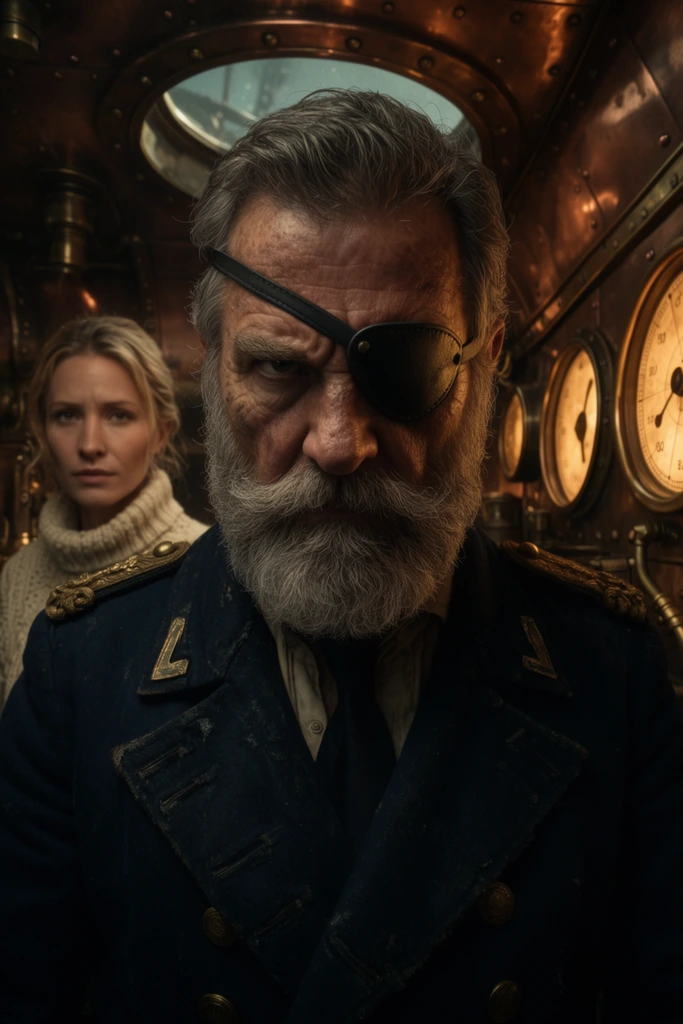 A weathered sea captain with a thick grey beard and a dark leather eyepatch glares intensely from the dimly lit, brass-lined cabin of a steampunk airship. In extreme close-up, the captain's rugged, dramatically lit face and worn navy-blue uniform with tarnished gold epaulettes dominate the foreground. Behind him in soft focus stands a female navigator with tied-back blonde hair wearing a chunky cream knit turtleneck. The cramped metallic interior features riveted copper walls and large glowing amber dials. The cinematic widescreen composition uses a shallow depth of field, strong chiaroscuro lighting, and a rich palette of deep navy, bronze, and warm sepia tones to create a tense, atmospheric mood.
