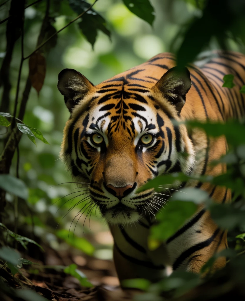 close-up tiger in jungle foliage, wildlife photography, intense stealthy mood