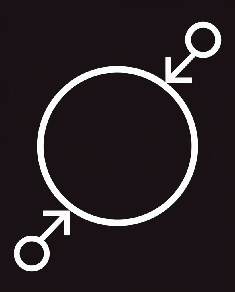 Minimalist white geometric line art, solid black background, large central thick outlined circle, two smaller circles connected by diagonal arrows, flat vector style