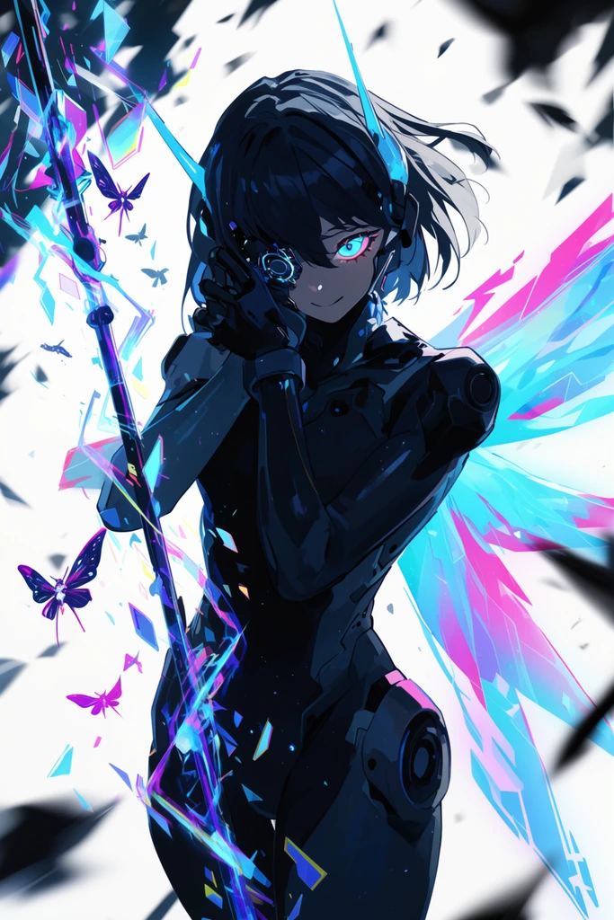 An anime-style figure in a dark cyber-suit wields a glowing energy staff amidst floating holographic shards and digital moths. One gloved hand rests near the face, revealing a bright cybernetic eye and subtle smile. Translucent cyan and magenta energy wings extend from the back. Dark abstract shapes drift across a stark white background. The artwork features dynamic perspective, crisp cel-shading, and high-contrast lighting.