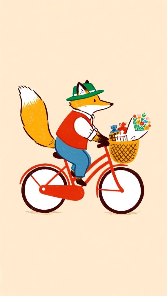 a fox with a bushy tail rides a bicycle