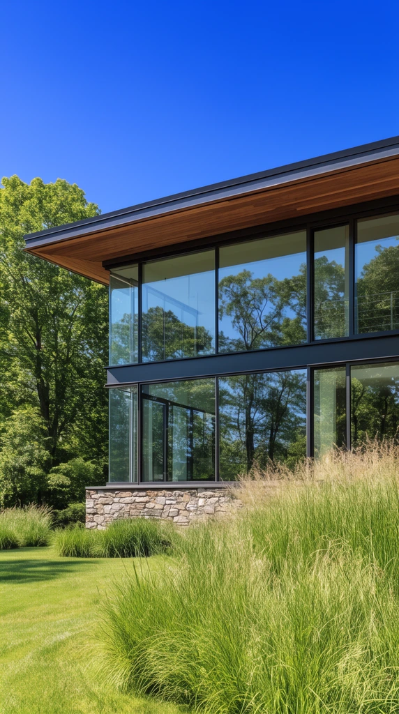 A contemporary two-story glass house with a flat, wood-clad overhang stands amid lush greenery. Massive windows reflect tall surrounding trees above a rustic stone accent wall. Tall meadow grasses and manicured lawns frame the sleek architecture under a brilliant, cloudless blue sky in a bright photorealistic style.