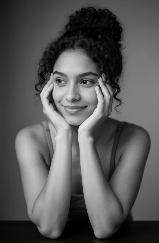 A black and white studio portrait captures a young woman with dark, voluminous curly hair posing with her hands to her face. Her dark hair is styled in a high, frizzy bun with loose, curly strands framing her forehead and the sides of her face. She has large, expressive eyes that are looking off to the left of the frame, away from the camera. Her hands are positioned symmetrically on either side of her face, with the palms resting against her jawline and her fingers extending toward her temples. Her elbows rest on a dark, flat surface at the bottom of the frame, and she wears a simple sleeveless top with thin straps. A subtle smile is visible on her lips, and her facial features are highlighted by a soft, diffused light source coming from the front. The background is a solid, neutral gray gradient that is slightly darker towards the edges, focusing all attention on the subject. The camera angle is at eye level, providing an intimate, close-up perspective. The entire image is rendered in a grayscale palette, emphasizing the contrast between the dark texture of her hair and the highlights on her skin.