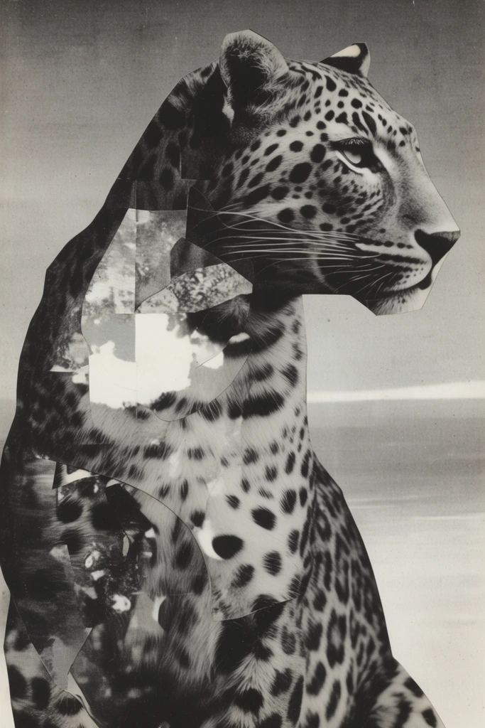 Monochrome Surrealist Montage style AI image example 3