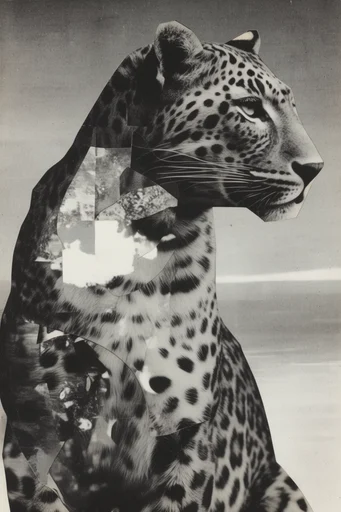 Monochrome Surrealist Montage style reference image — vintage silver gelatin texture