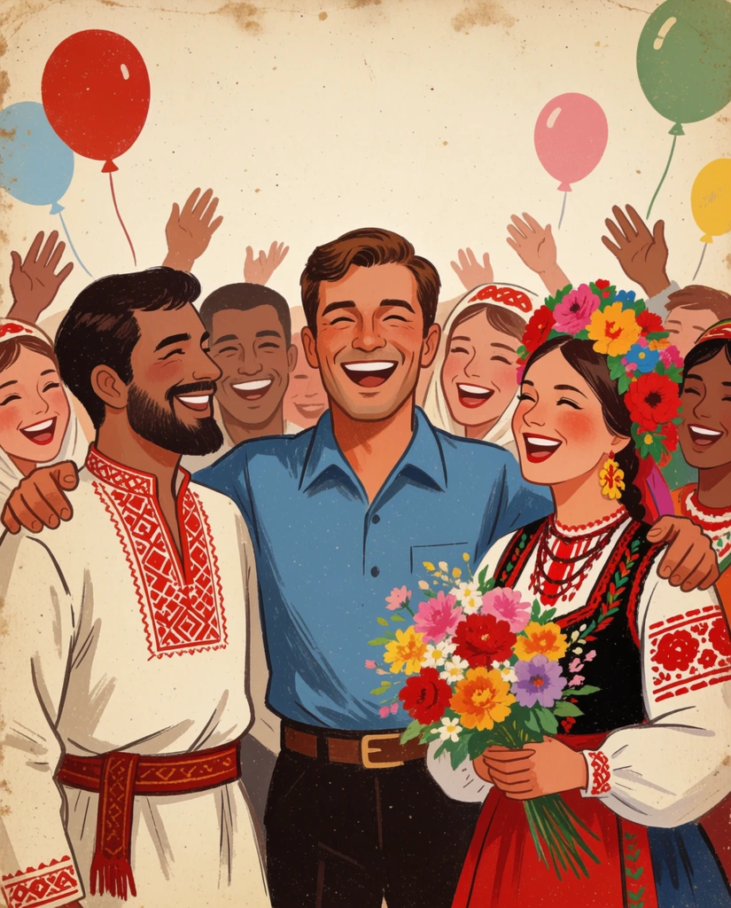vintage illustration of a joyful diverse crowd, central man in a blue shirt flanked by a man in an embroidered white tunic and a woman in a colorful floral headdress holding a bouquet, smiling people in traditional attire, floating balloons, warm color palette, textured paper