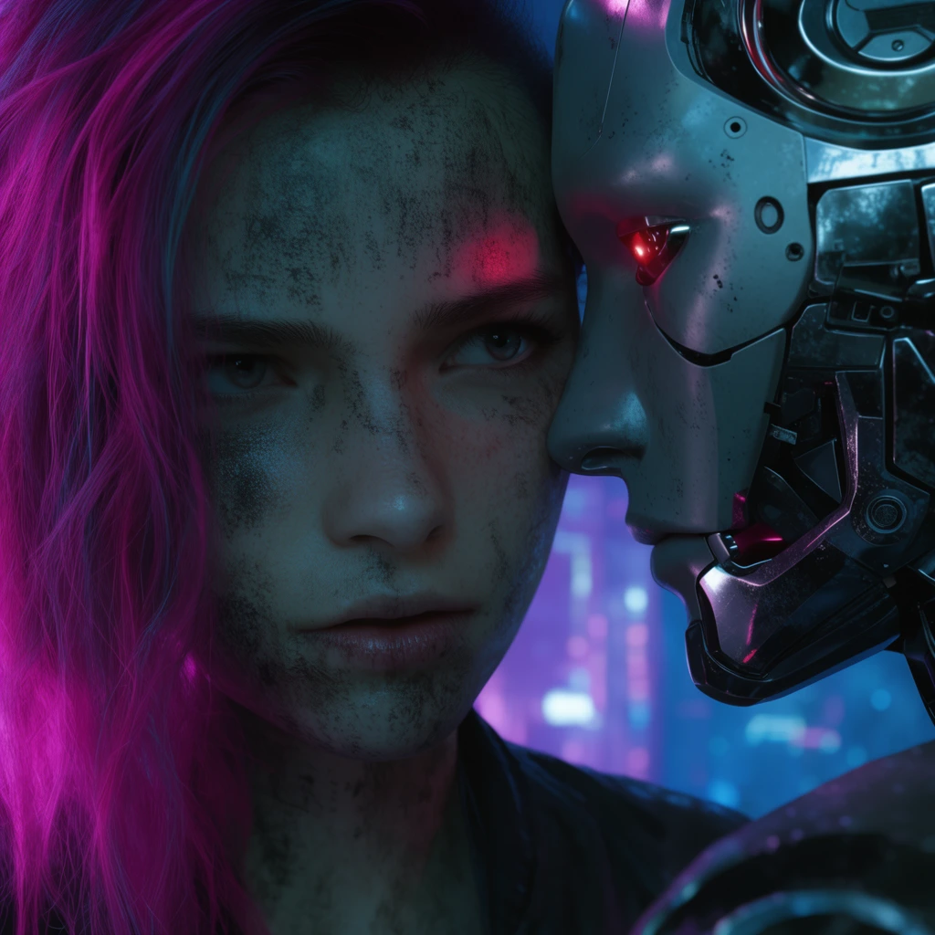 extreme close-up, tense proximity, cyberpunk setting, young woman with grimy face and neon pink hair glaring, metallic android with glowing red optics leaning in, cinematic neon blue and magenta lighting, high texture detail, harsh shadows