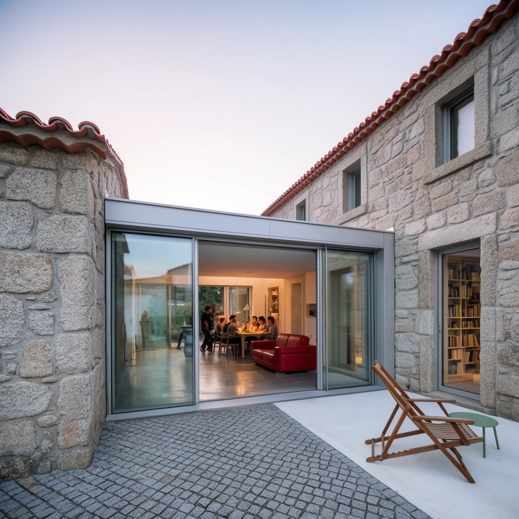A modern glass architectural addition connects two rustic stone buildings, opening onto a paved outdoor patio at dusk. The central flat-roofed structure features expansive sliding glass doors pushed fully open, revealing a minimalist interior with polished concrete floors, a vibrant red leather sofa, and a warmly lit dining area where people are gathered. Flanking this sleek center are thick walls of roughly hewn light-gray stone topped with curved red clay roof tiles. The right-hand two-story stone structure includes a tall glass door exposing an interior bookshelf. The foreground patio combines patterned gray cobblestones with a smooth white concrete slab, hosting a wooden folding deck chair and a small green side table. Captured in wide-angle architectural photography, the pale twilight sky highlights the striking contrast between sleek contemporary design and historic masonry.