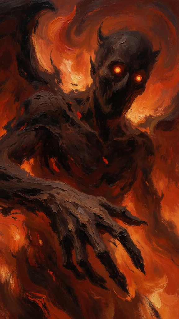 A dark, shadowy creature with glowing eyes emerges from a chaotic vortex of swirling orange and red fire. The central figure is a distorted, demonic entity rendered in dark brown and black tones that appear to be made of smoke or charcoal. Its head is tilted slightly, featuring two bright, glowing orange circular eyes and a dark, gaping void where a mouth would be. A skeletal, long-fingered hand reaches out from the right side towards the foreground, its digits tapering into sharp points. The creature's arm extends from the left, merging into the surrounding inferno. The background and foreground consist of thick, expressive brushstrokes in varying shades of vibrant orange, fiery red, and deep burnt umber, creating the impression of turbulent flames and rising heat. The artistic style is a digital painting with a heavy, textured impasto look, characterized by swirling, directional strokes that provide a sense of violent movement. The lighting is dominated by the internal glow of the flames and the creature's eyes, casting a monochromatic, warm-toned atmosphere over the entire scene. The composition is a close-up, focused on the creature's upper torso and head, filling the frame with a sense of claustrophobic intensity.