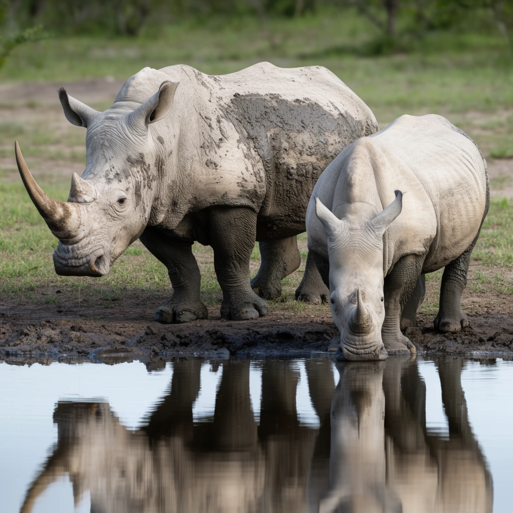 two white rhinoceroses at a calm watering hole, larger rhino with a long curved horn and thick muddy skin standing watchful, smaller rhino lowering snout to drink, crisp reflection in the dark water, muddy bank, sparse green grass, blurred savanna background, natural daylight, wildlife photography