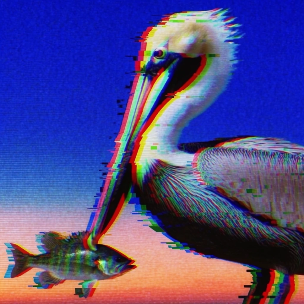 A large pelican angling its long beak downward to look at a fish, rendered entirely through a heavy analog VHS glitch aesthetic. The entire composition is overlaid with thick, prominent horizontal CRT scanlines and heavy video tracking noise. Both the pelican and the fish exhibit severe chromatic aberration, with vivid red, green, and blue color channels splitting and tearing outward in jagged, horizontal bands along their vertical silhouettes. The background features a stark, highly saturated gradient transitioning from a deep, electric blue at the top to a bright, peachy-orange horizon line. The visual texture mimics a degraded video cassette pause screen, utilizing dense pixel-sorting effects, harsh lighting contrast, and blocky digital artifacts to violently distort the subjects into vibrating, digitized forms.