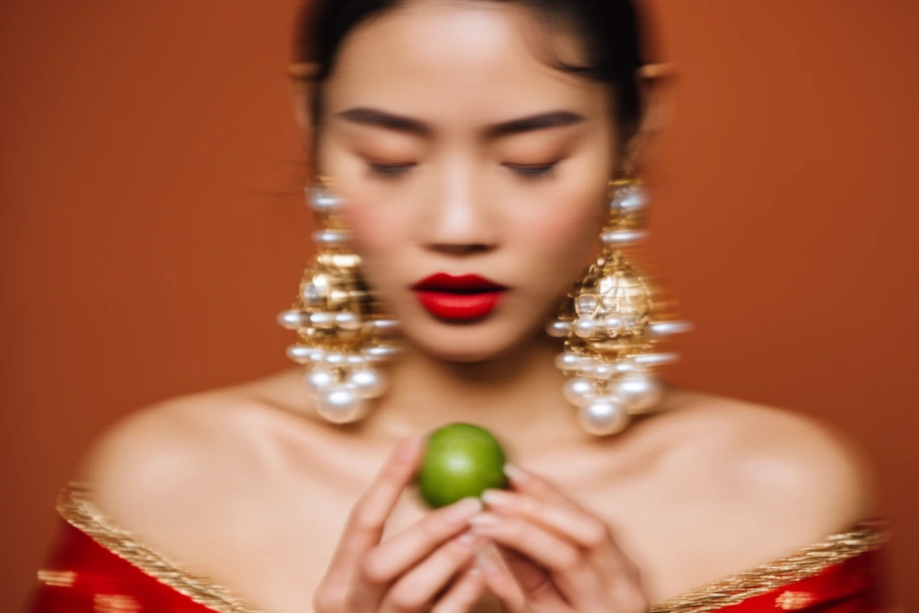 blurred portrait of an Asian woman with closed eyes and bright red lips, holding a small round green fruit, large gold statement earrings with cascading pearls, bare shoulders, red garment with gold trim, solid terracotta background, intentional motion blur, warm color palette