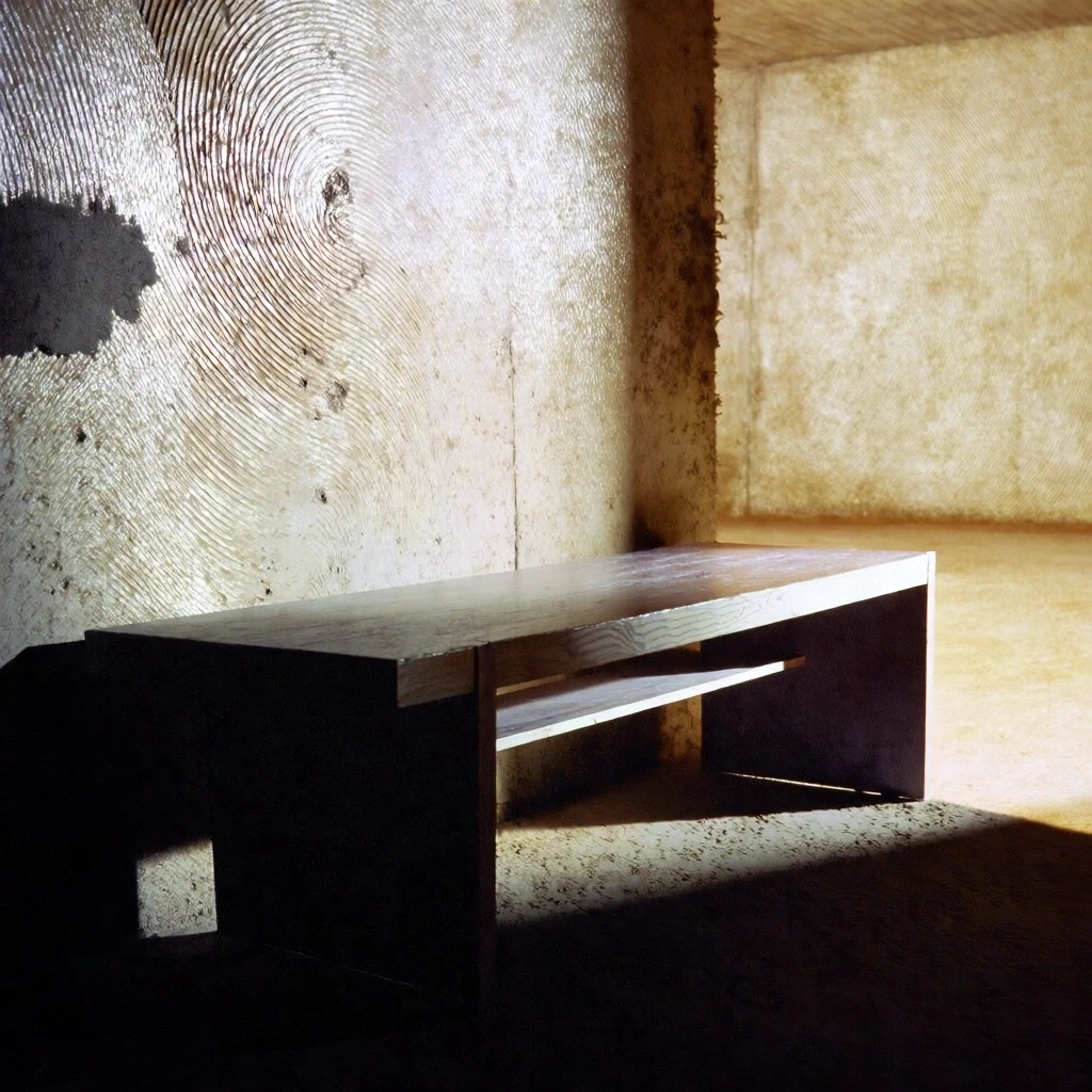 minimalist editorial photography, flat eye-level perspective of a low-profile raw timber bench with an integrated shelf against a brutalist concrete wall featuring heavy troweled circular textures, cavernous empty room, large rectangular architectural aperture in background, harsh direct on-camera flash, sharp high-contrast drop shadows, tactile micro-grain, desaturated palette with warm golden-metallic undertones, industrial raw aesthetic, sharp focus on wood grain and surface pitting.